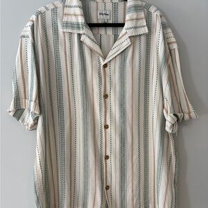 Rhythm. Men's Casual Striped Shirt - Cream, Green, and Tan